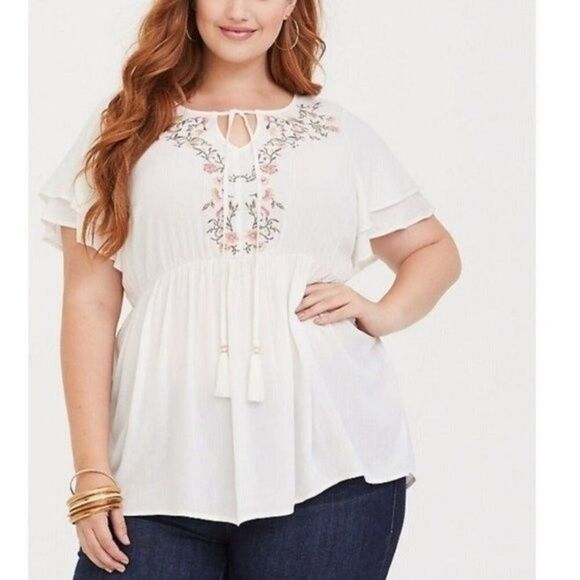 TORRID FLORAL EMBROIDERED CREPE BLOUSE - Picture 1 of 6
